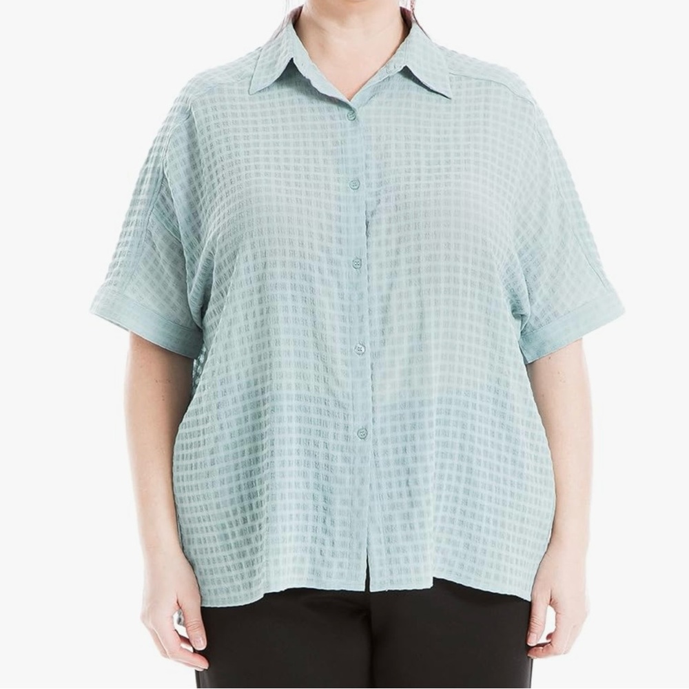 Max Studio Camp Shirt 2X Blue Short Sleeve Button Front Sheer Boxy